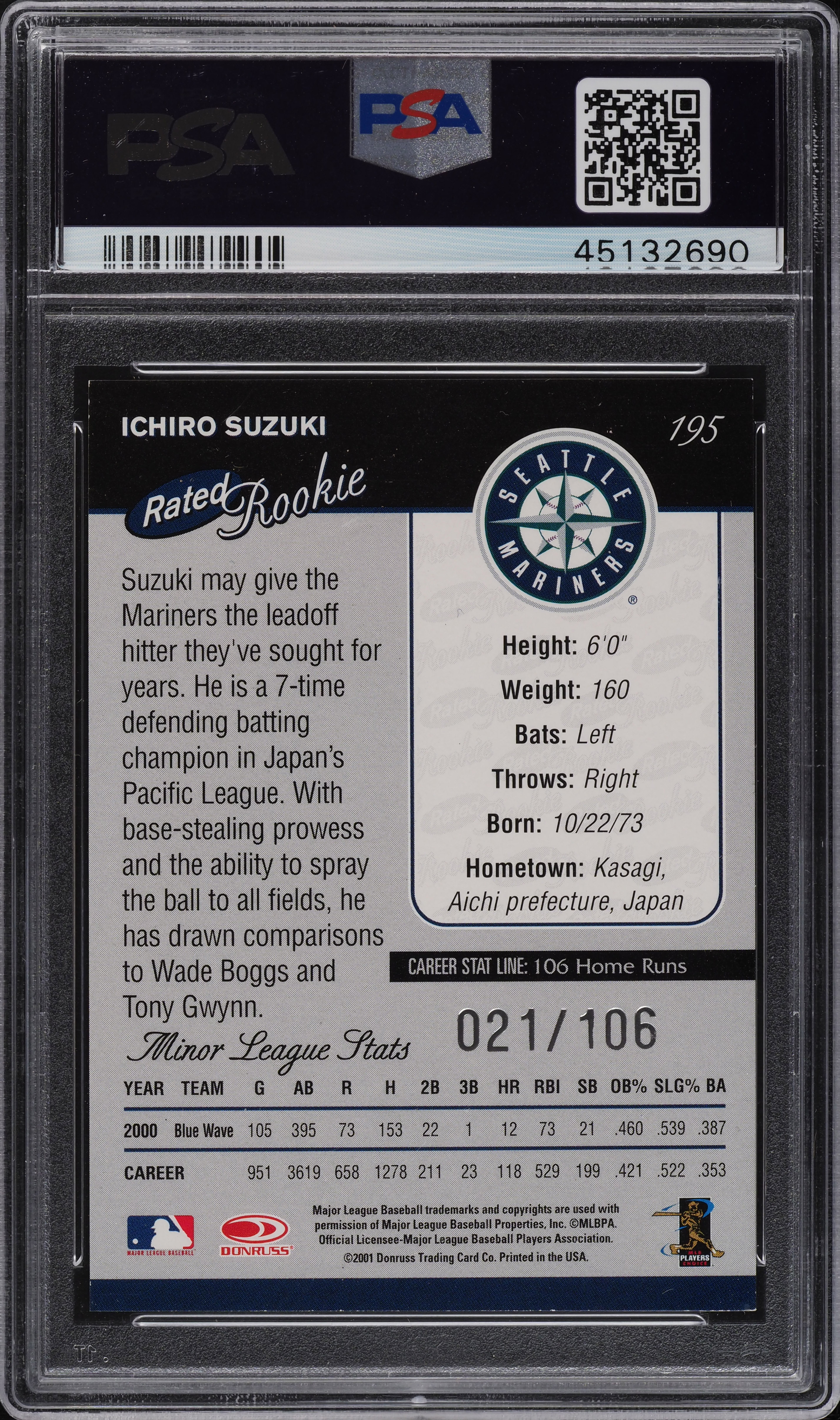 2001 Donruss Career Stat Line Ichiro Suzuki ROOKIE RC 21/106 #195