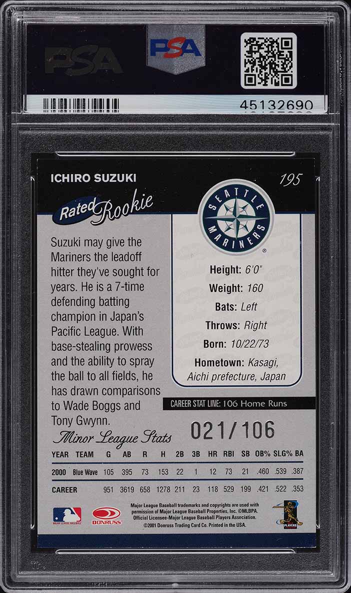 2001 Donruss Career Stat Line Ichiro Suzuki ROOKIE RC 21/106 #195 PSA 9 MINT