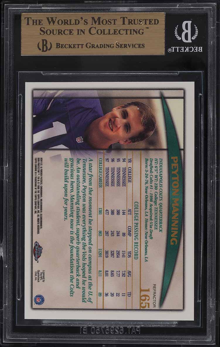 1998 Topps Chrome Refractor Peyton Manning ROOKIE RC #165 BGS 10 PRISTINE