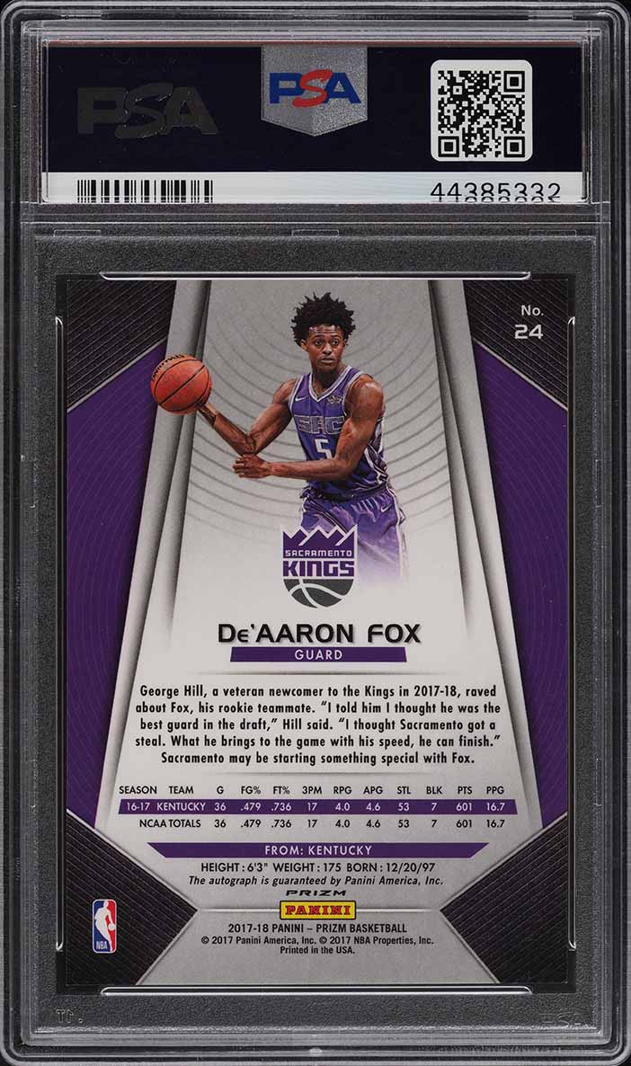2017 Panini Prizm Fast Break Prizm De'Aaron Fox ROOKIE RC AUTO #24 PSA 10 GEM MT