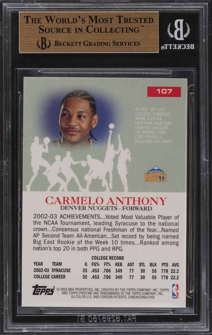 2003 Topps Pristine Carmelo Anthony ROOKIE RC #107 BGS 10 PRISTINE