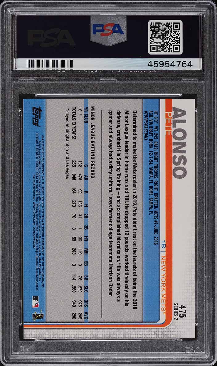2019 Topps Pete Alonso ROOKIE RC #475 PSA 10 GEM MINT