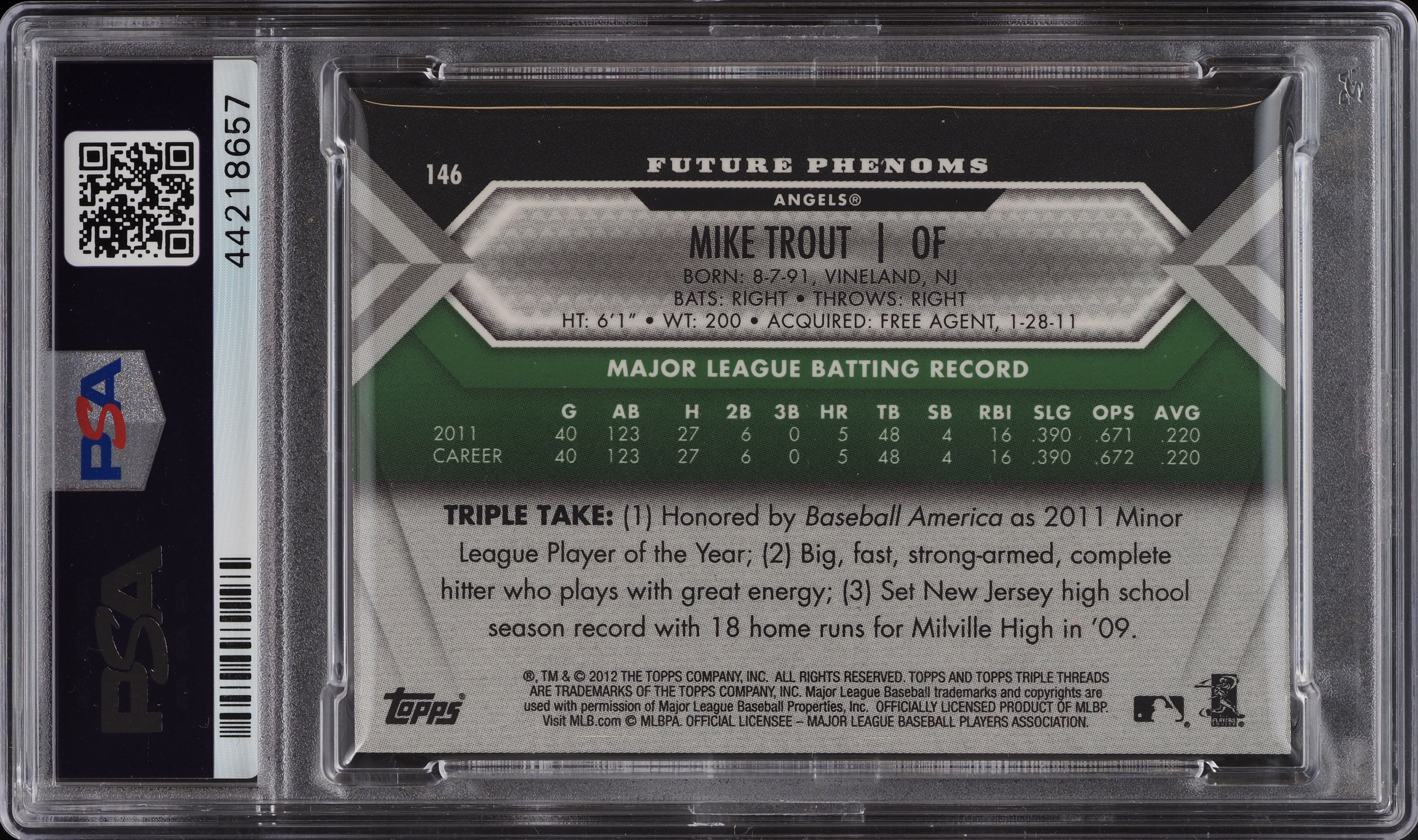 2012 Topps Triple Threads Emerald Mike Trout ROOKIE PATCH AUTO DNA