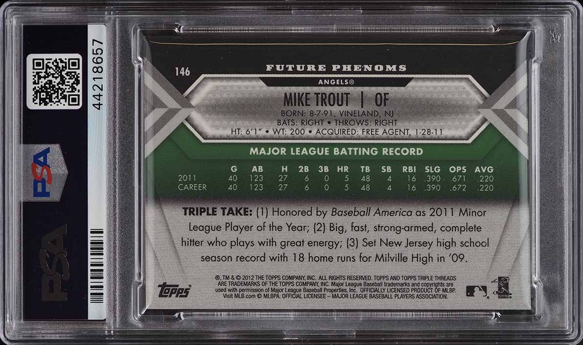 2012 Topps Triple Threads Emerald Mike Trout ROOKIE PATCH AUTO DNA 10 /50 PSA 8
