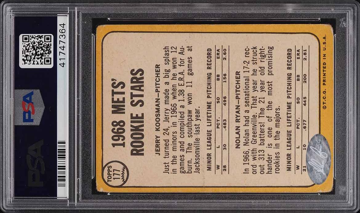 1968 Topps Nolan Ryan ROOKIE AUTO DNA 10 #177 PSA Auth