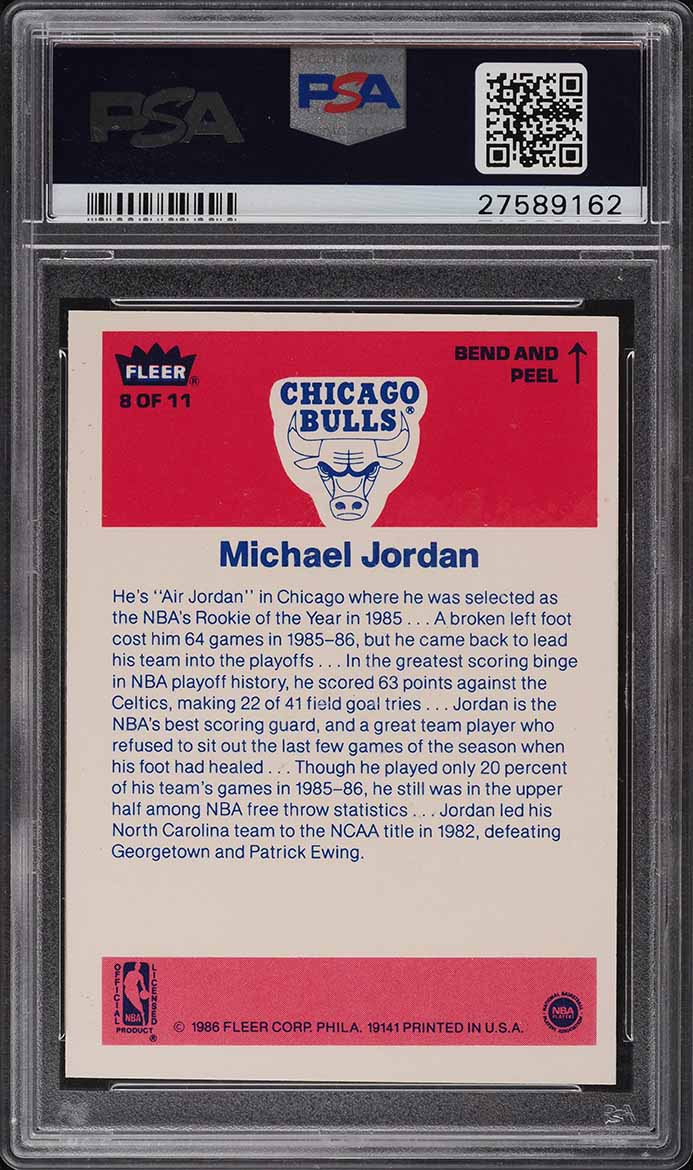 1986 Fleer Sticker Michael Jordan ROOKIE #8 PSA 8(st) NM-MT