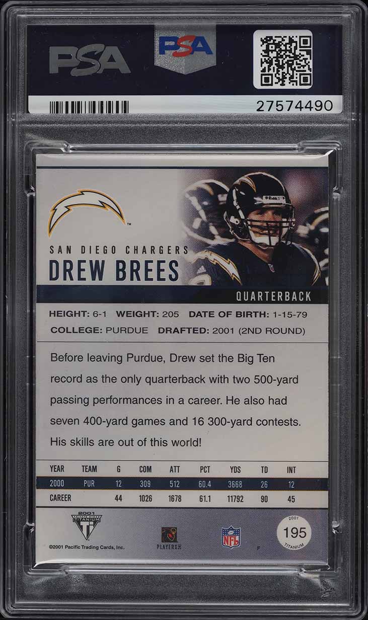 2001 Pacific Private Stock Titanium Drew Brees ROOKIE PATCH /75 #195 PSA 9 MINT