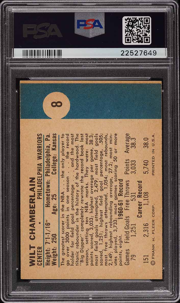 1961 Fleer Basketball Wilt Chamberlain ROOKIE #8 PSA 9 MINT