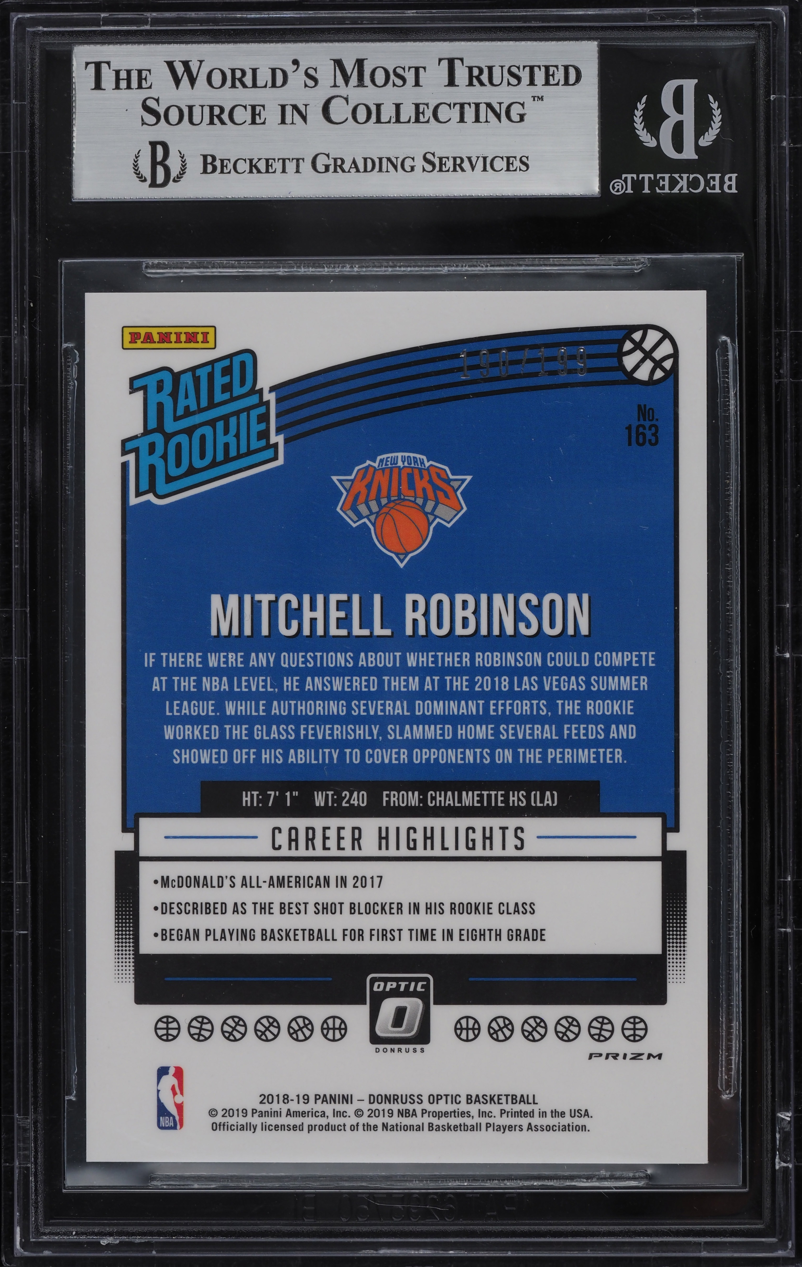 2018 Donruss Optic Orange Mitchell Robinson ROOKIE /199 #163 BGS