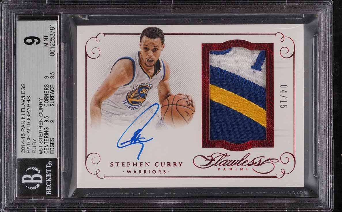 2014 Panini Flawless Ruby Stephen Curry LOGO PATCH AUTO /15 #51 BGS 9 MINT