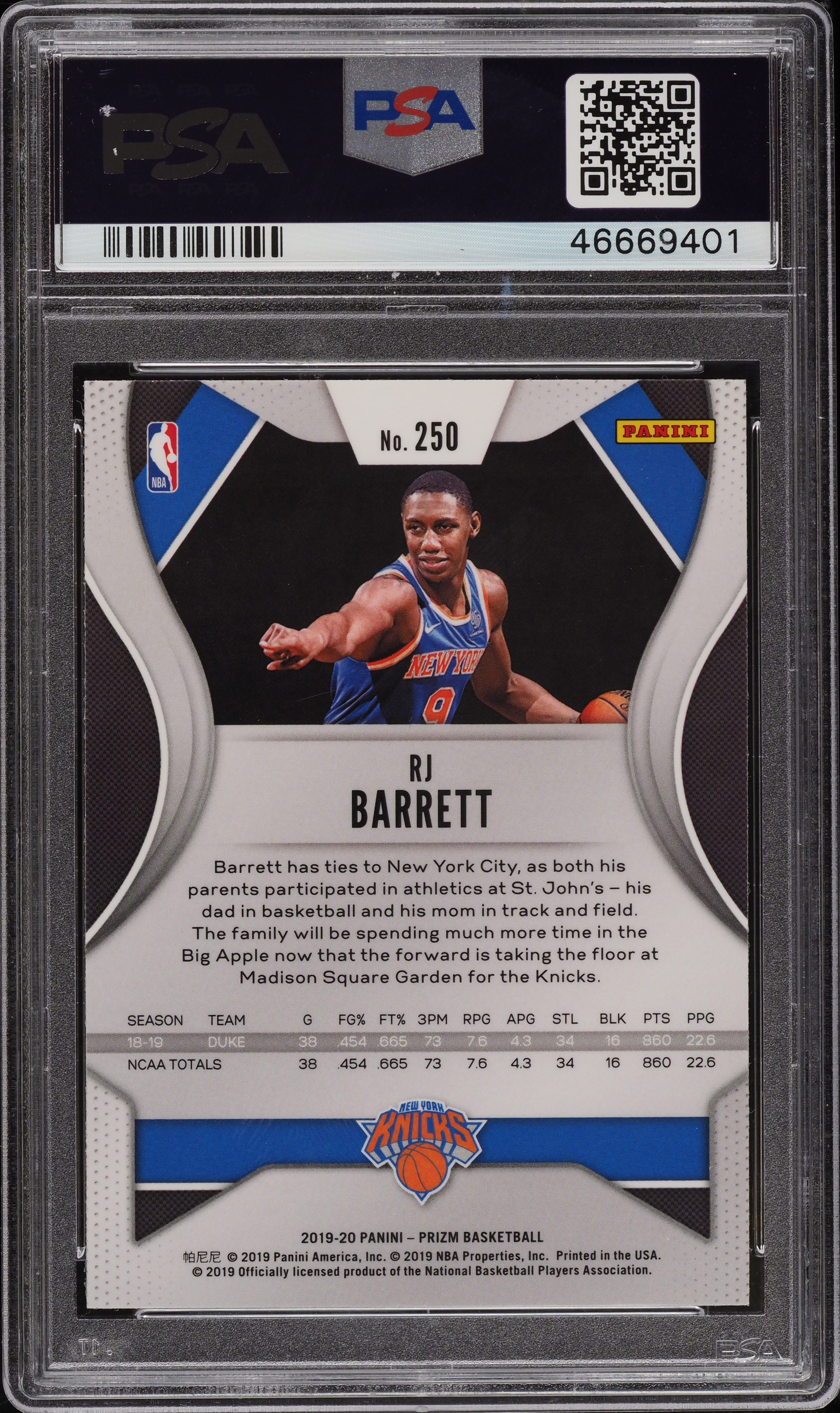 2019 Panini Prizm RJ Barrett ROOKIE RC #250 PSA 9 MINT on Fanatics
