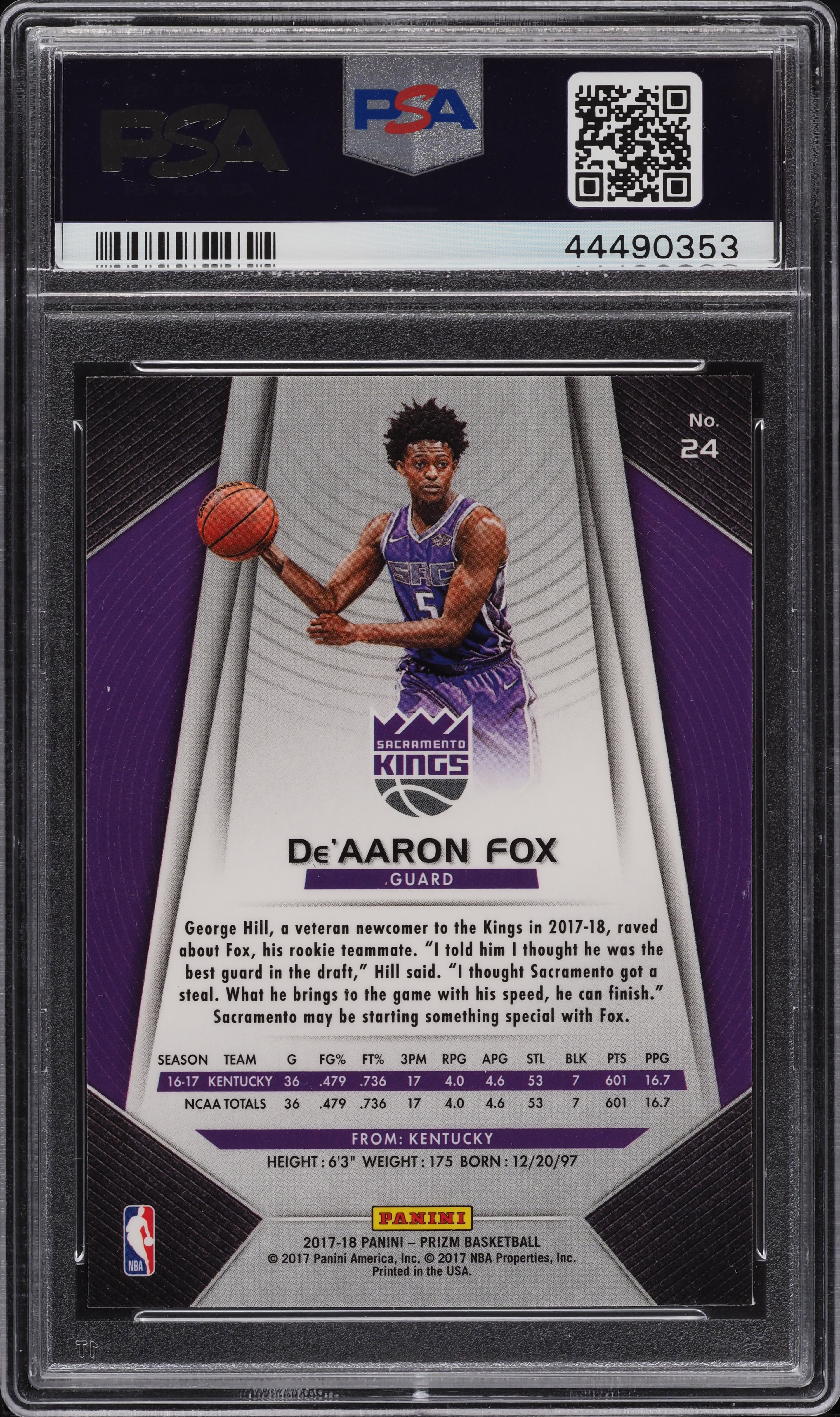 2017 Panini Prizm De'Aaron Fox ROOKIE RC #24 PSA 10 GEM MINT on