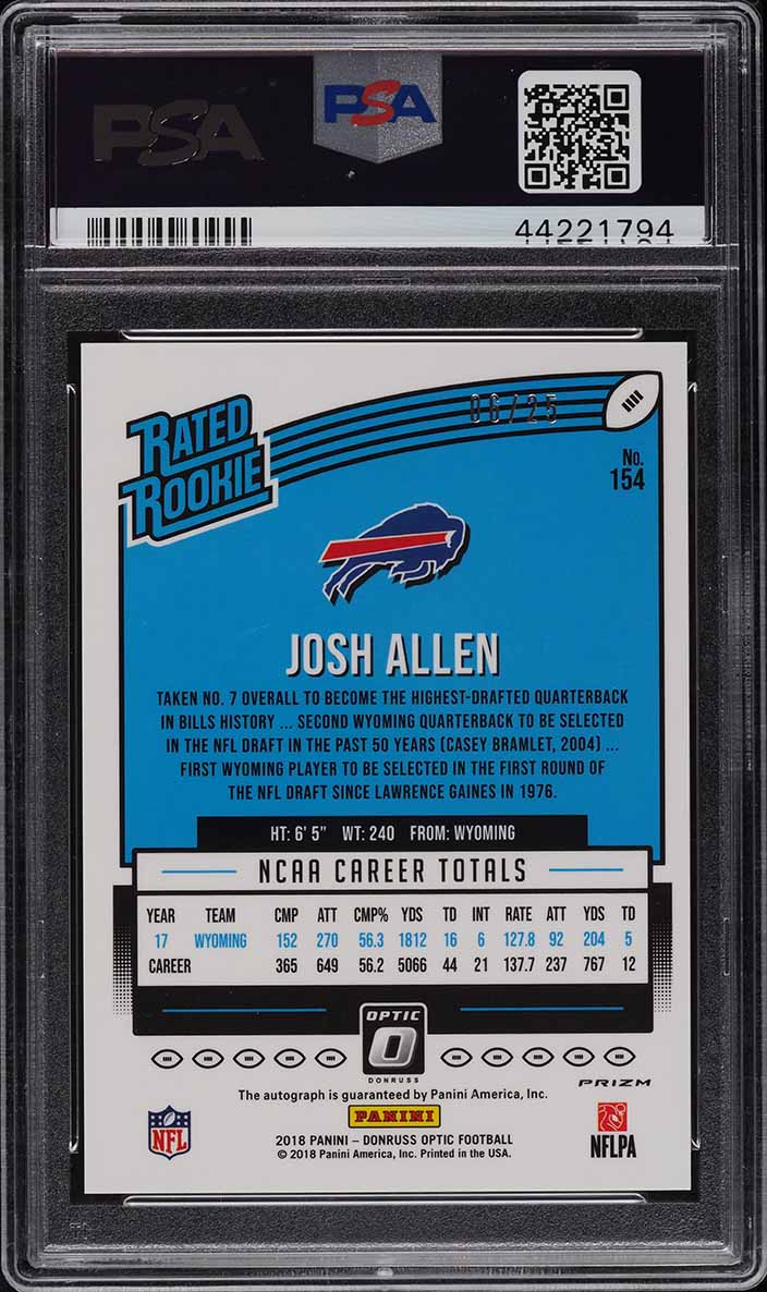 2018 Donruss Optic Black Velocity Josh Allen ROOKIE RC AUTO /25