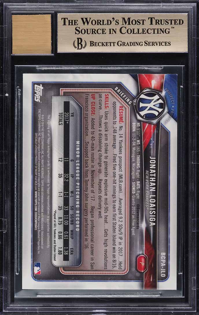 2018 Bowman Chrome Superfractor Jonathan Loaisiga ROOKIE RC AUTO 1/1 BGS 9.5 GEM