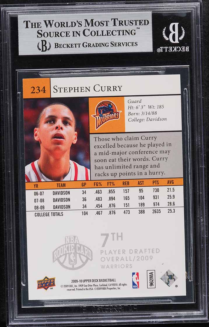 2009 Upper Deck Basketball Stephen Curry SP ROOKIE RC #234 BGS 9