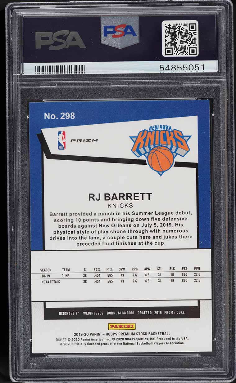2019 Hoops Premium Stock Pulsar RJ Barrett ROOKIE #298 PSA 9 MINT
