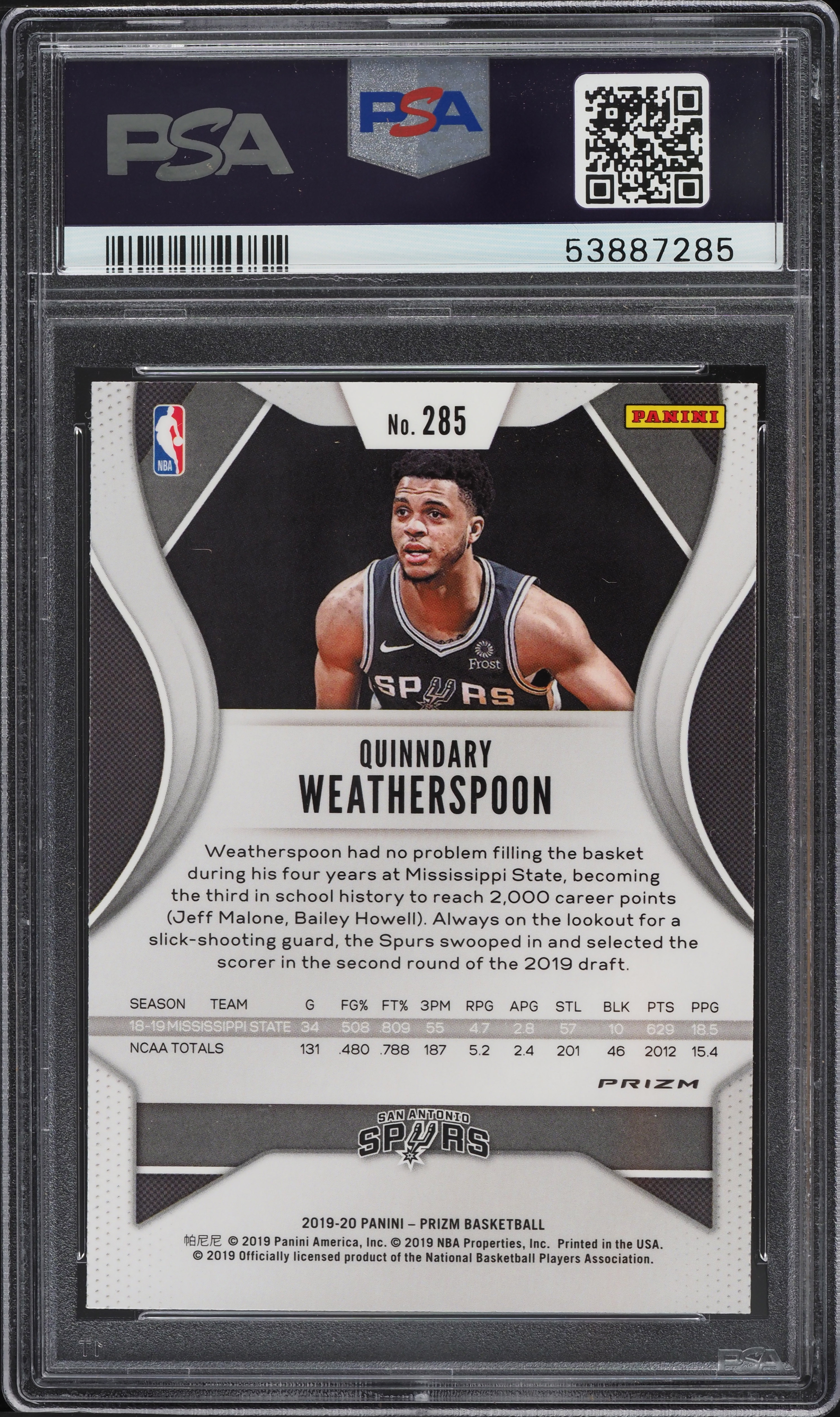 2019 Panini Prizm Silver Quinndary Weatherspoon ROOKIE #285 PSA 9