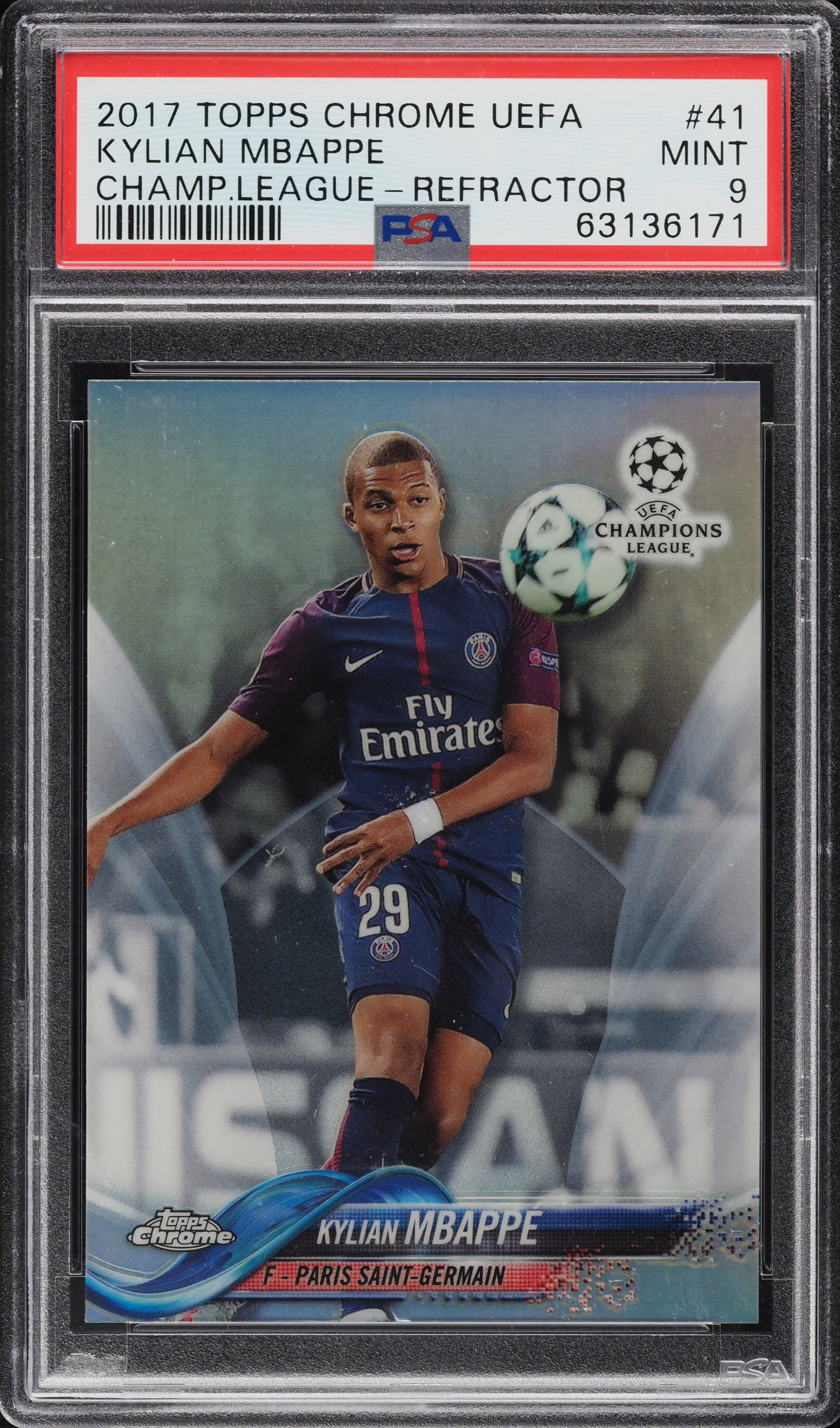 2017 Topps Chrome UEFA Refractor Kylian Mbappe ROOKIE #41 PSA 9