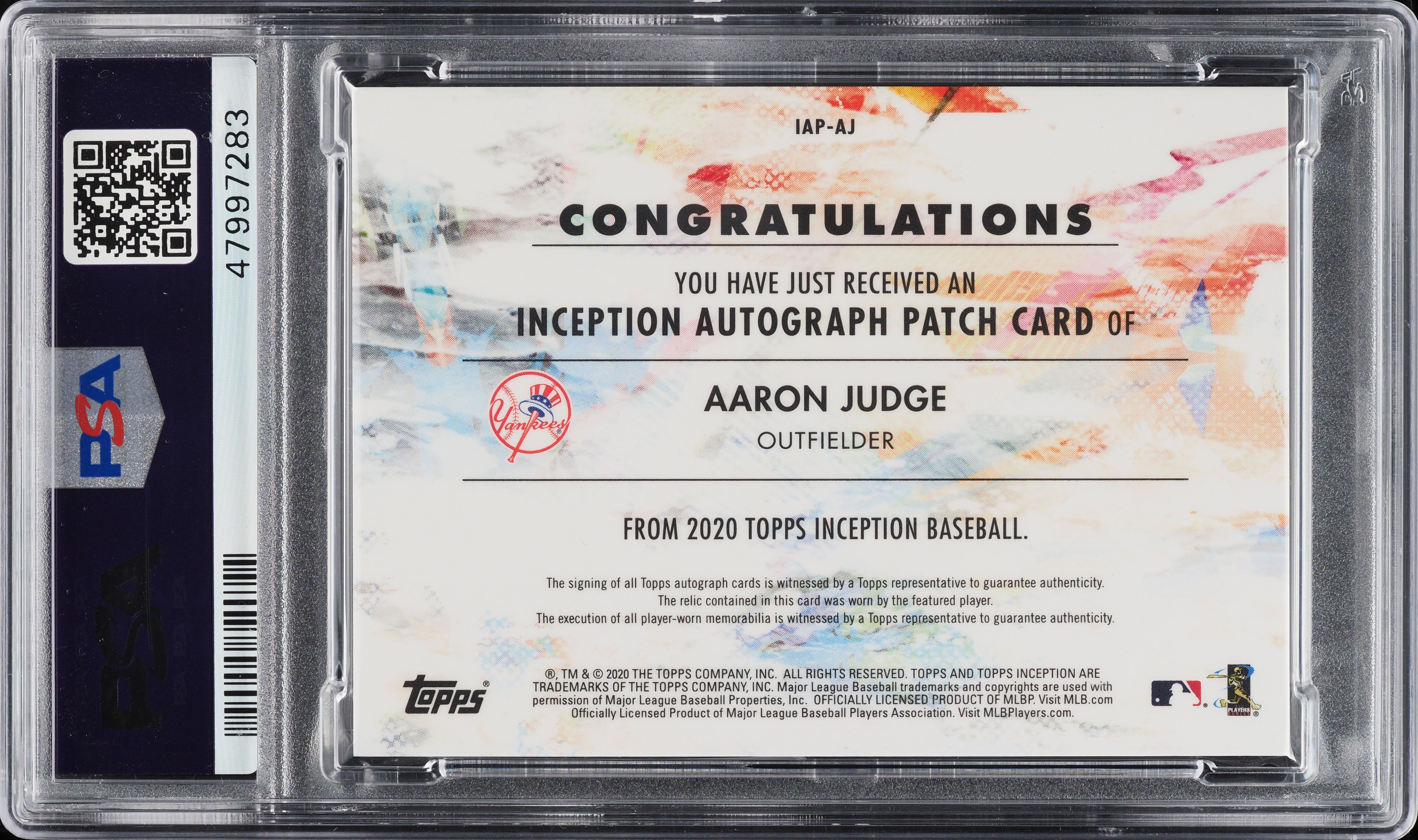 2020 Topps Inception Aaron Judge PATCH PSA/DNA 10 AUTO /50 #AJ PSA