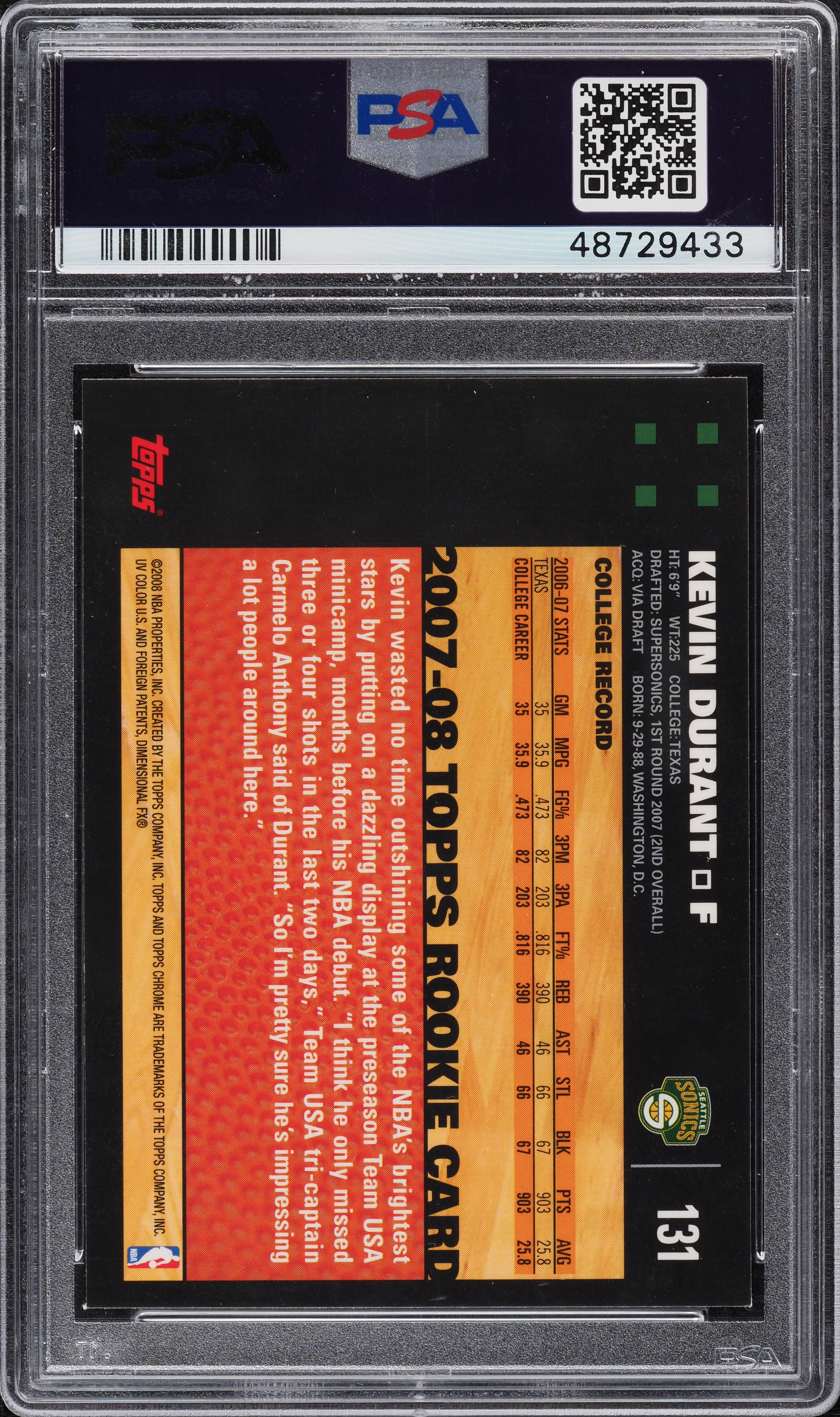 2007 Topps Chrome Kevin Durant ROOKIE RC #131 PSA 9 MINT on