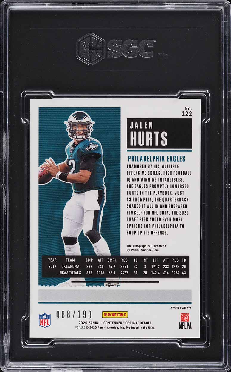 2020 Panini Contenders Optic Red Jalen Hurts ROOKIE AUTO /199 #122 SGC 10 GEM