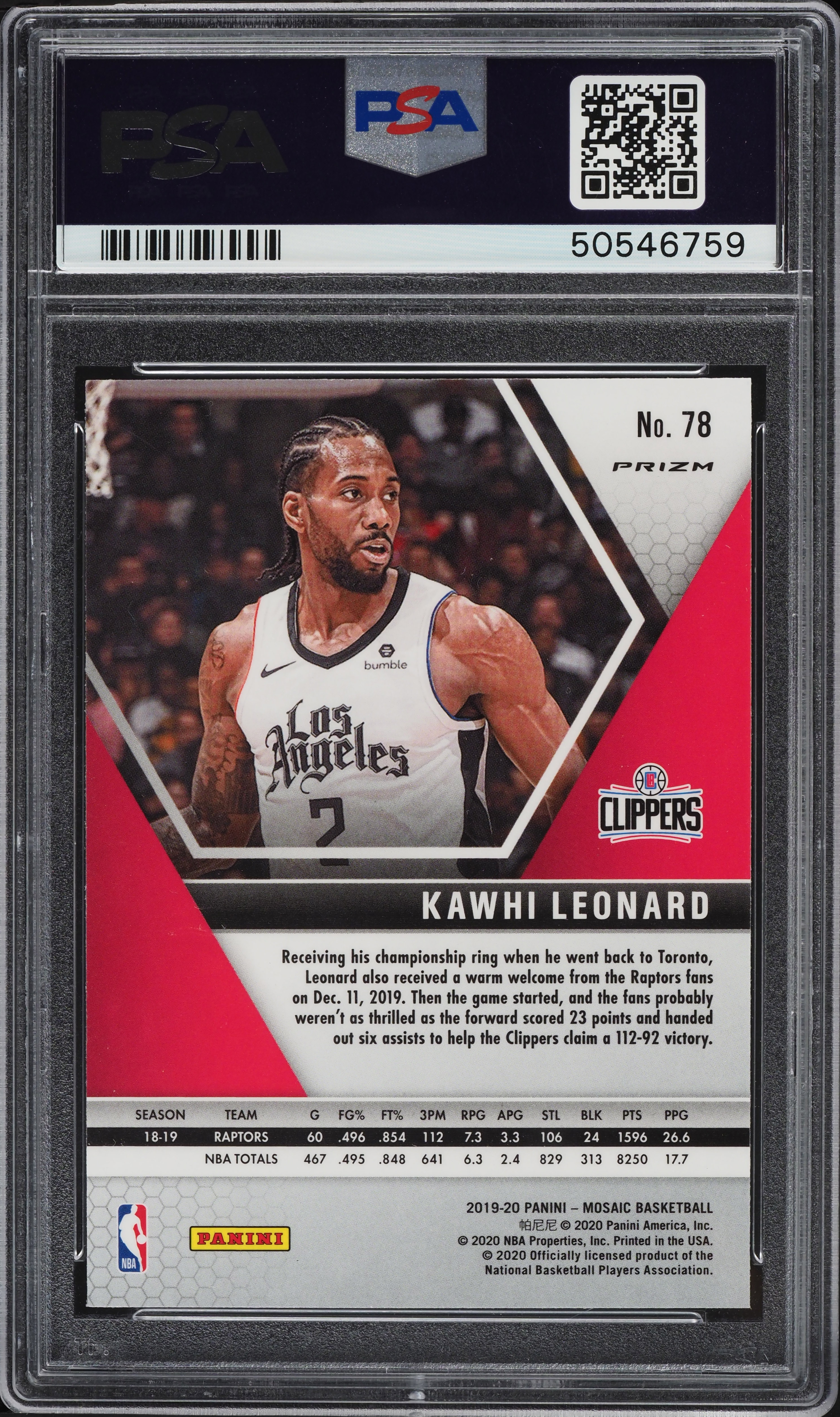 2019 Panini Mosaic Prizms Kawhi Leonard #78 PSA 9 MINT on Fanatics