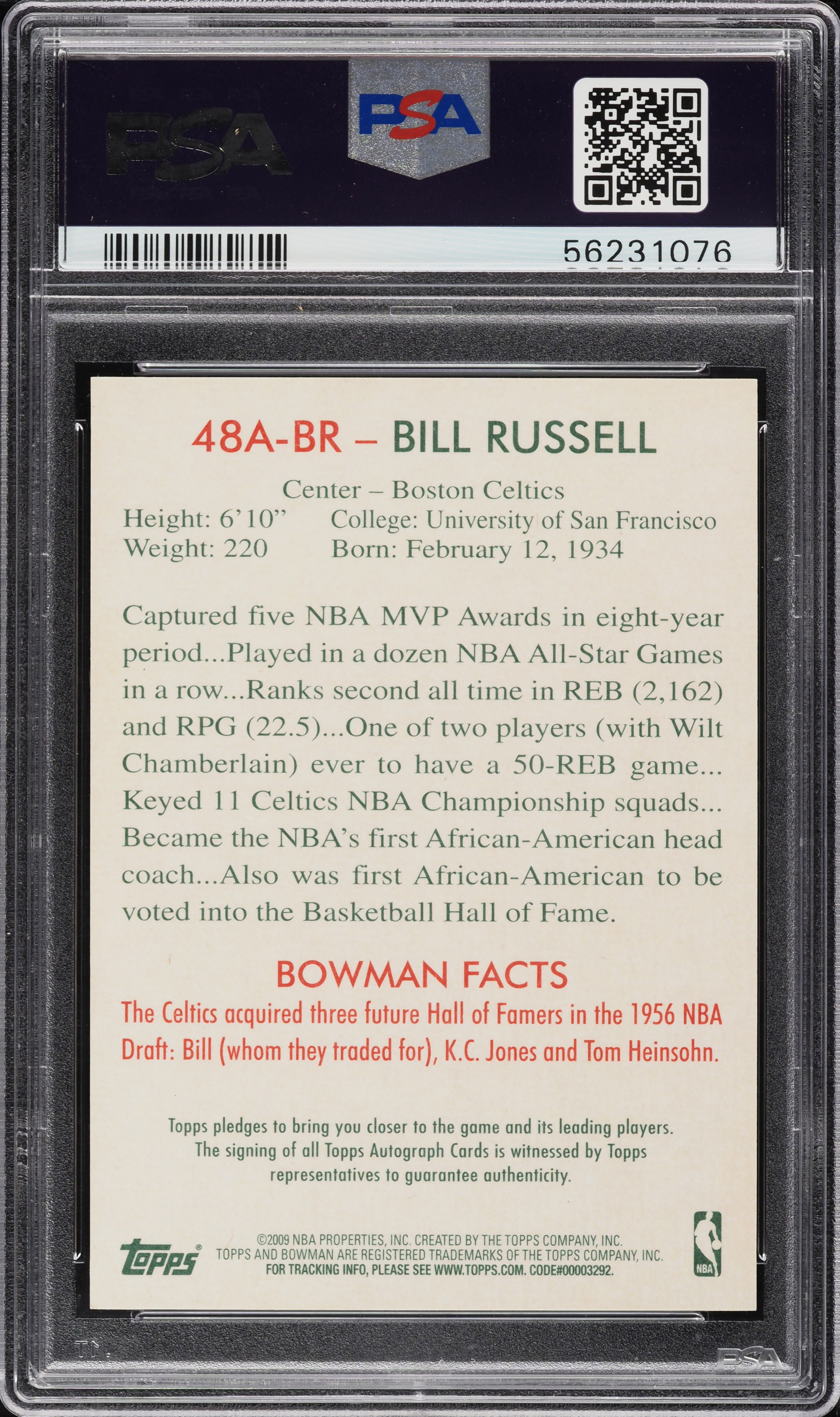 2009 Bowman Basketball '48 Bill Russell AUTO DNA 10 #48A-BR PSA 9