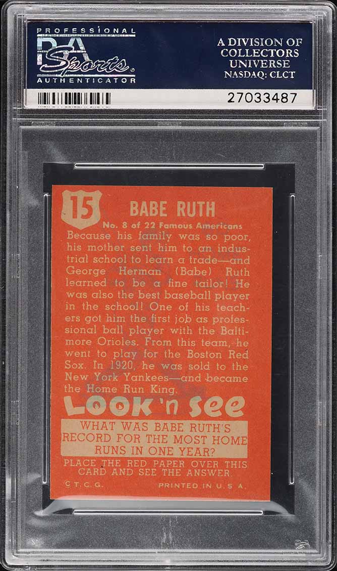 1952 Topps Look 'N See Babe Ruth #15 PSA 8 NM-MT