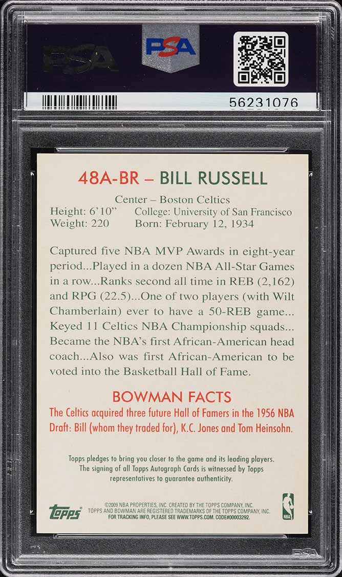 2009 Bowman Basketball '48 Bill Russell AUTO DNA 10 #48A-BR PSA 9