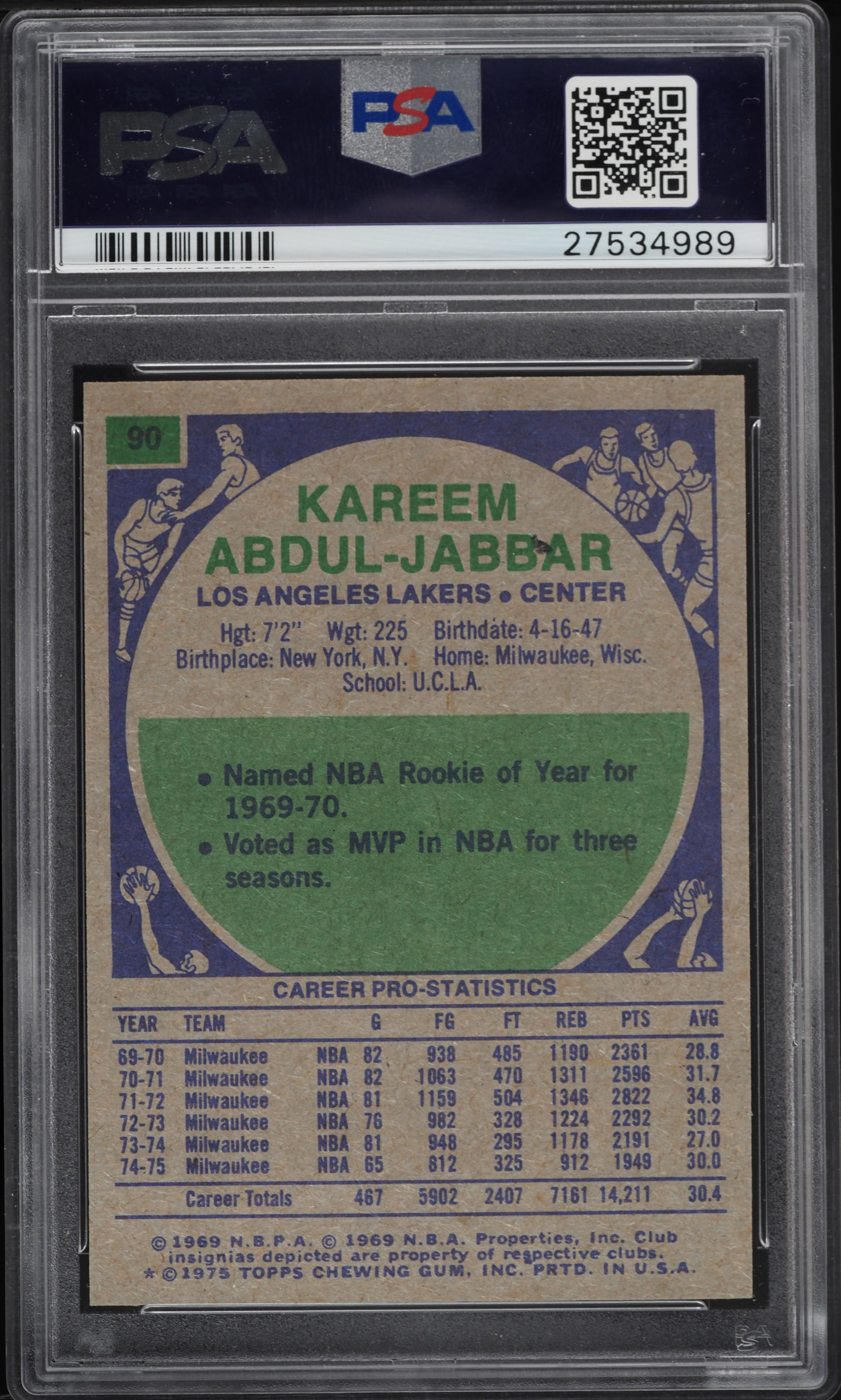 1975 Topps Basketball Kareem Abdul-Jabbar #90 PSA 6 EXMT on