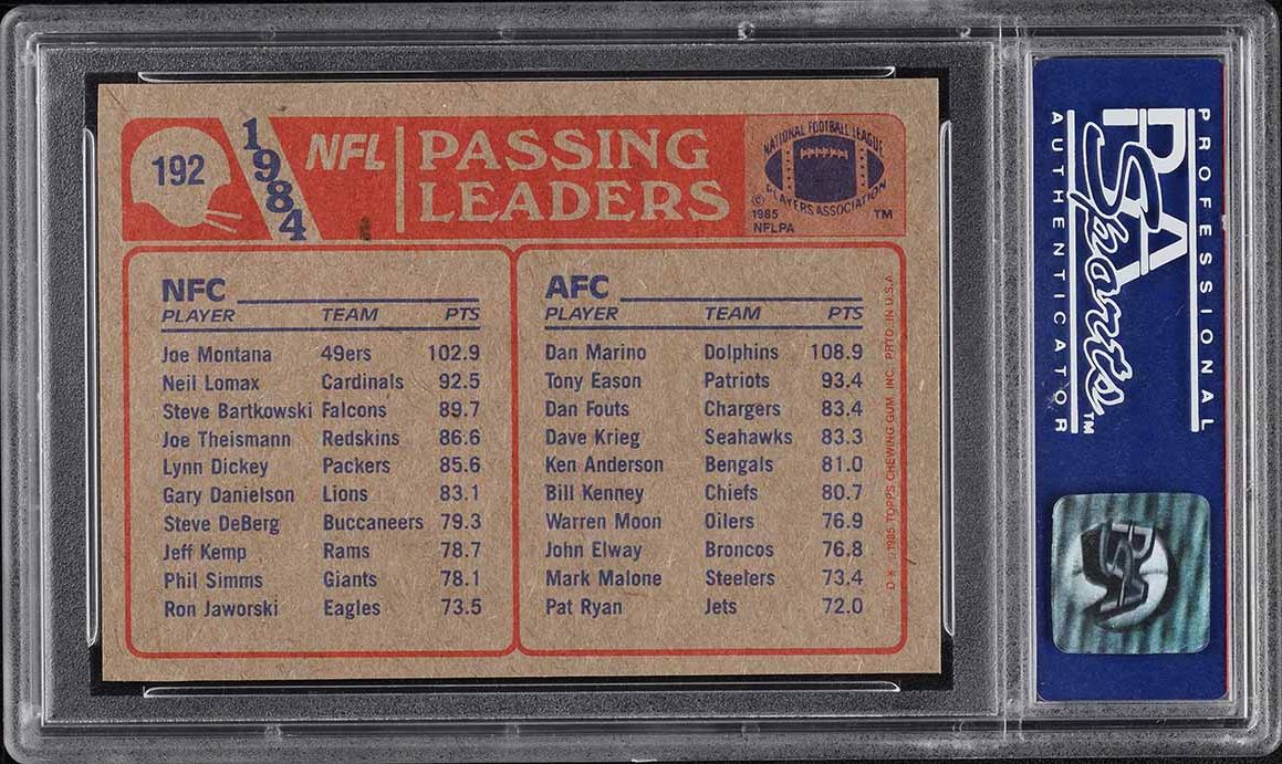 1985 Topps Football Dan Marino & Joe Montana PASSING LDRS #192 PSA 9 MINT