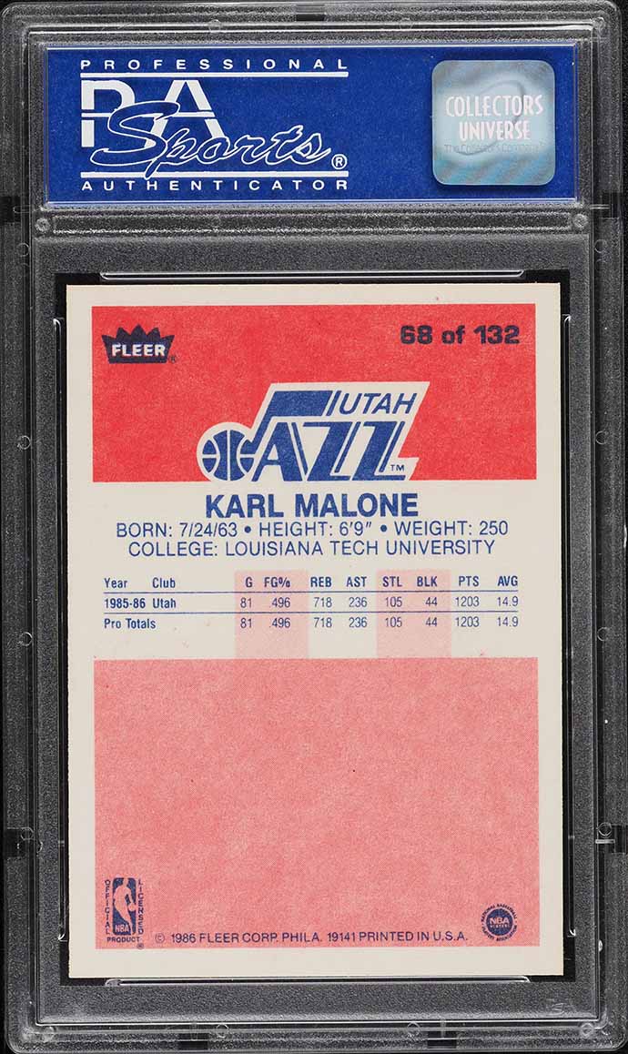 1986 Fleer Basketball Karl Malone ROOKIE #68 PSA 9 MINT on