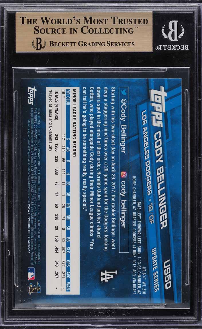 2017 Topps Update Cody Bellinger SP ROOKIE RC #US50 BGS 9.5 GEM MINT