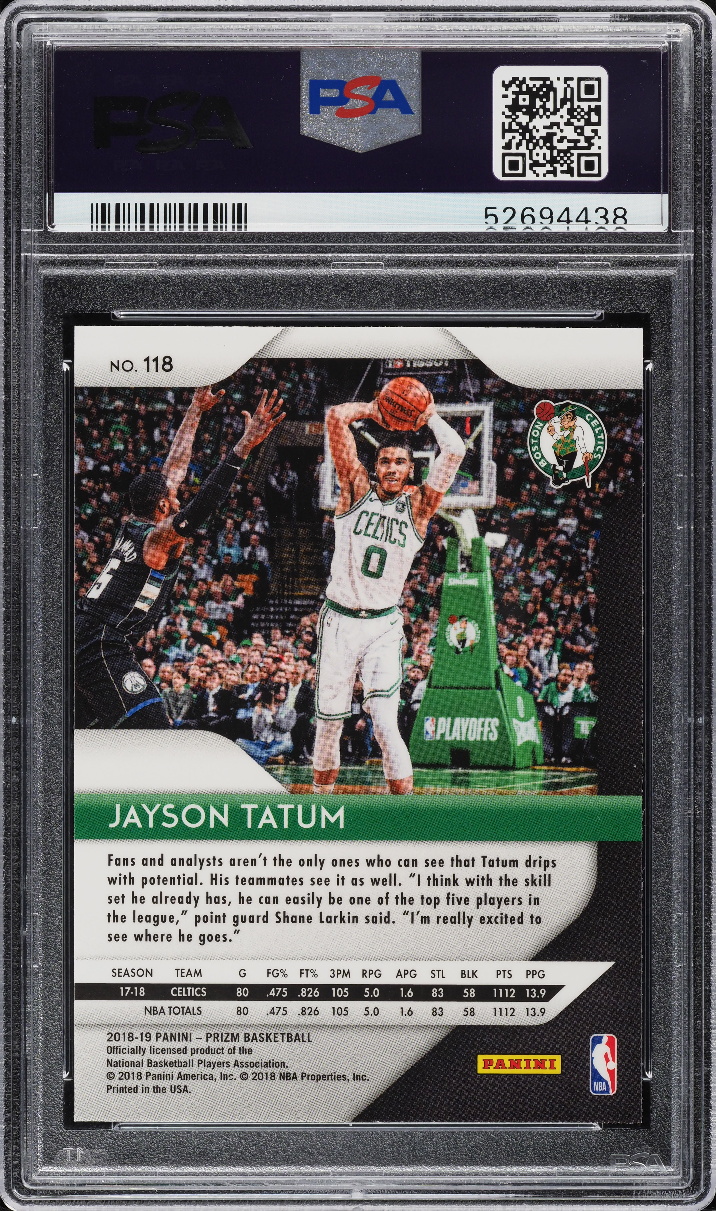 2018 Panini Prizm Jayson Tatum #118 PSA 9 MINT on Fanatics Collect