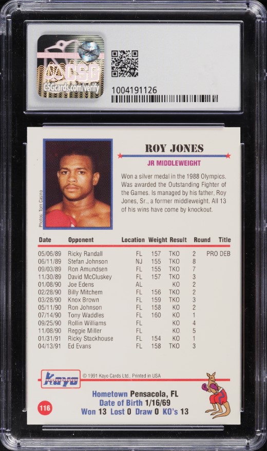 1991 Kayo Boxing Roy Jones Jr. ROOKIE #116 CSG 9 MINT