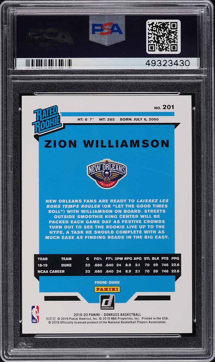 2019 Donruss Basketball Zion Williamson ROOKIE #201 PSA 10 GEM MINT