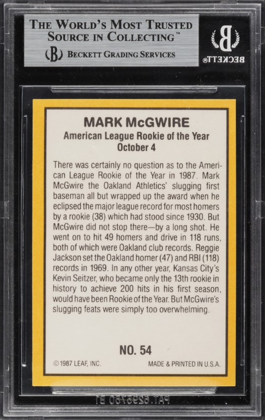 1987 Donruss Highlights Mark McGwire ROOKIE #54 BGS 9 MINT