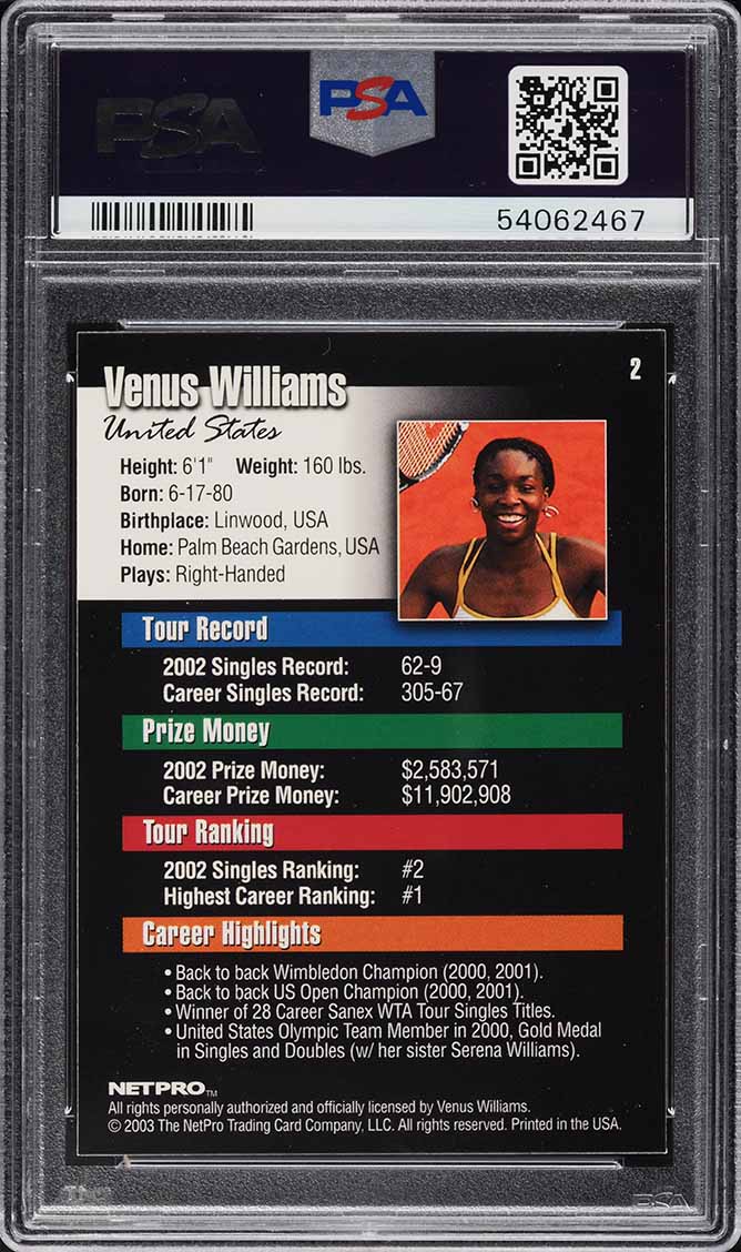 2003 Netpro Tennis Venus Williams ROOKIE #2 PSA 9 MINT on Fanatics