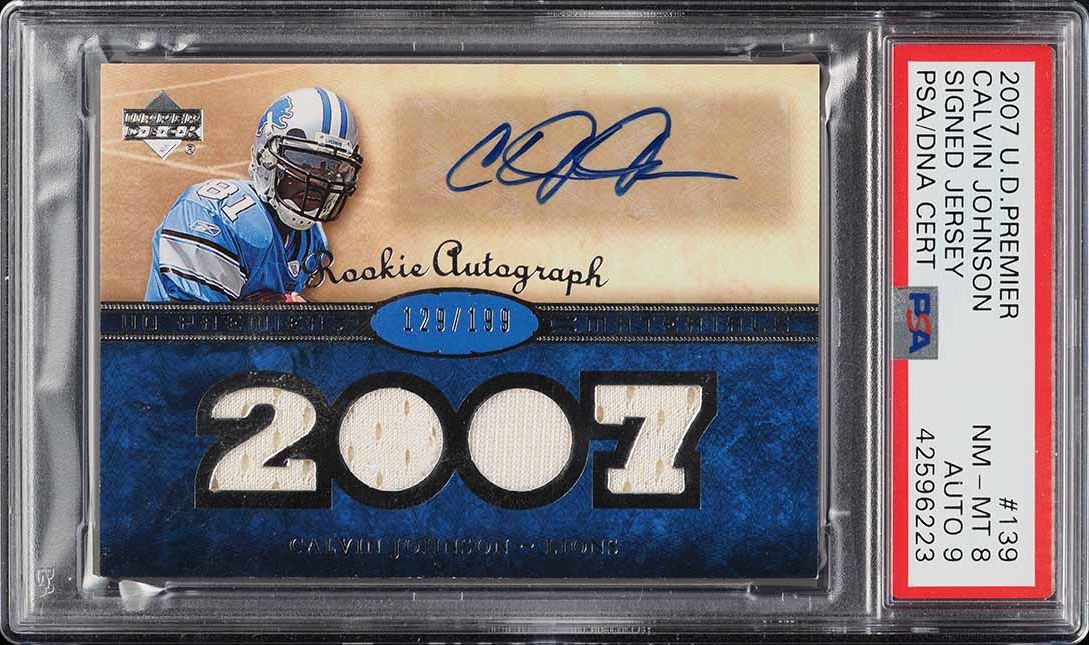 2007 Upper Deck Premier Calvin Johnson ROOKIE PATCH DNA 9 AUTO /199 PSA 8 NM-MT