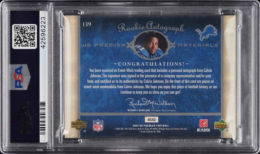 2007 Upper Deck Premier Calvin Johnson ROOKIE PATCH DNA 9 AUTO /199 PSA 8 NM-MT