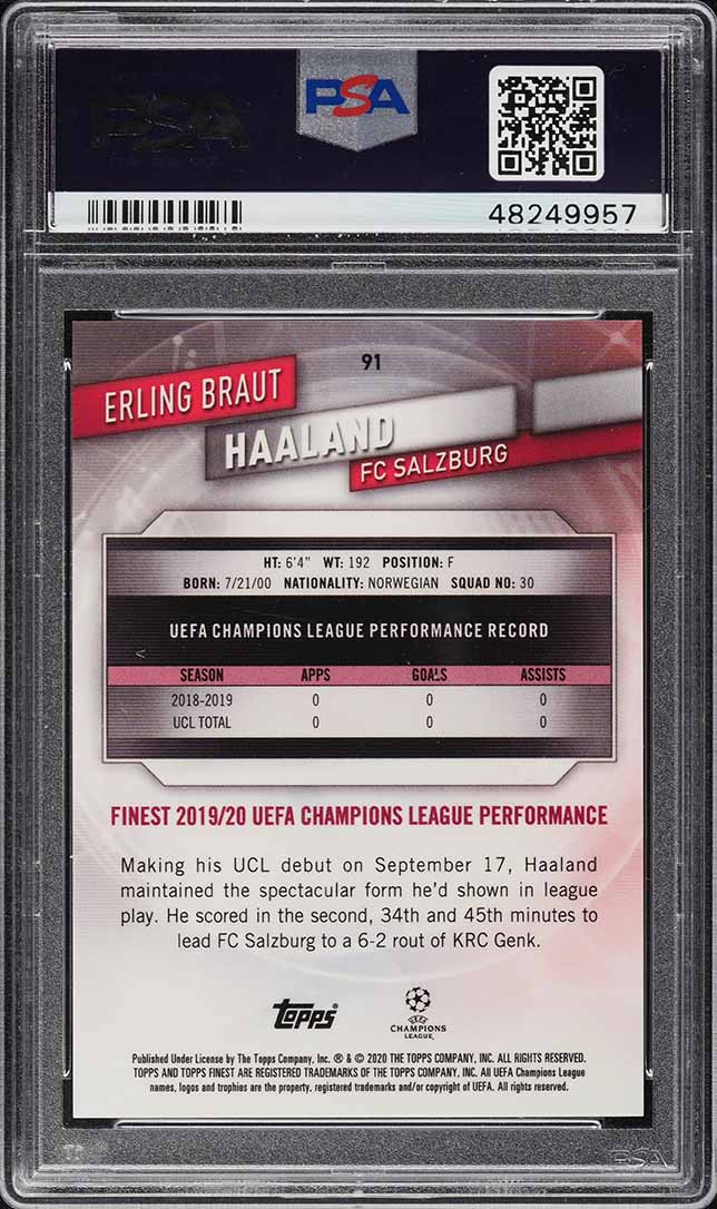2019 Finest UEFA Blue Refractor Erling Haaland ROOKIE /150 #91 PSA 9 MINT