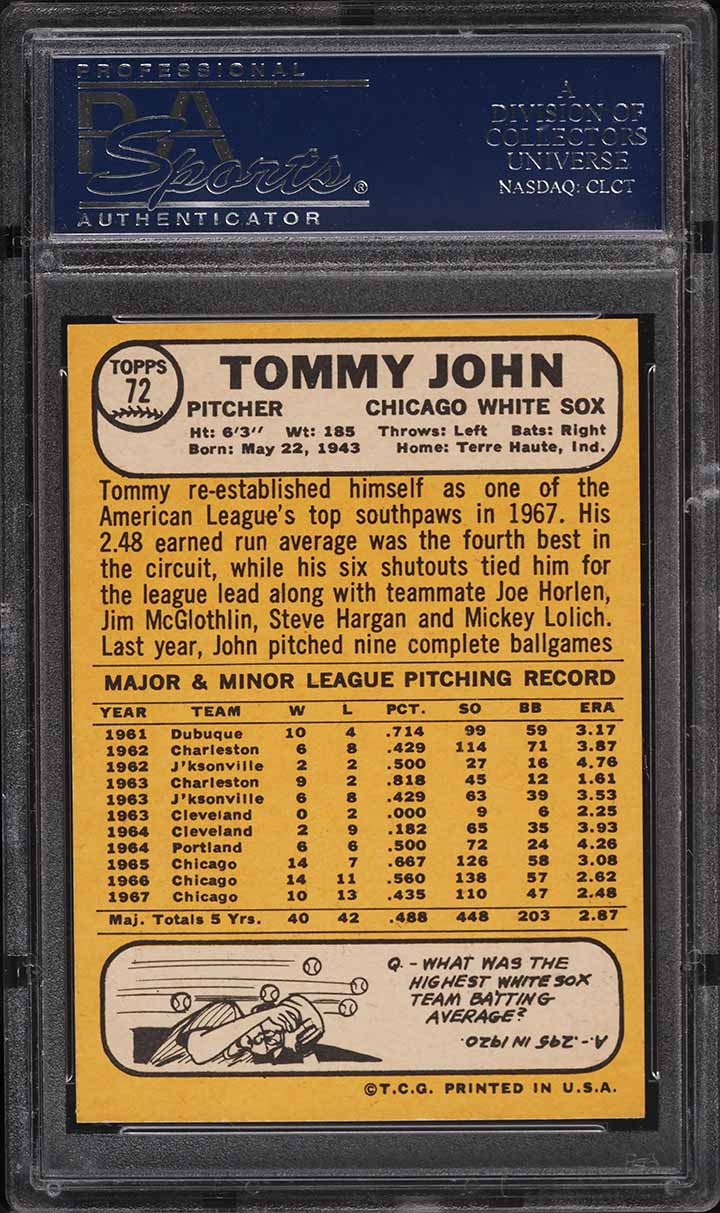 1968 Topps Tommy John #72 PSA 9 MINT
