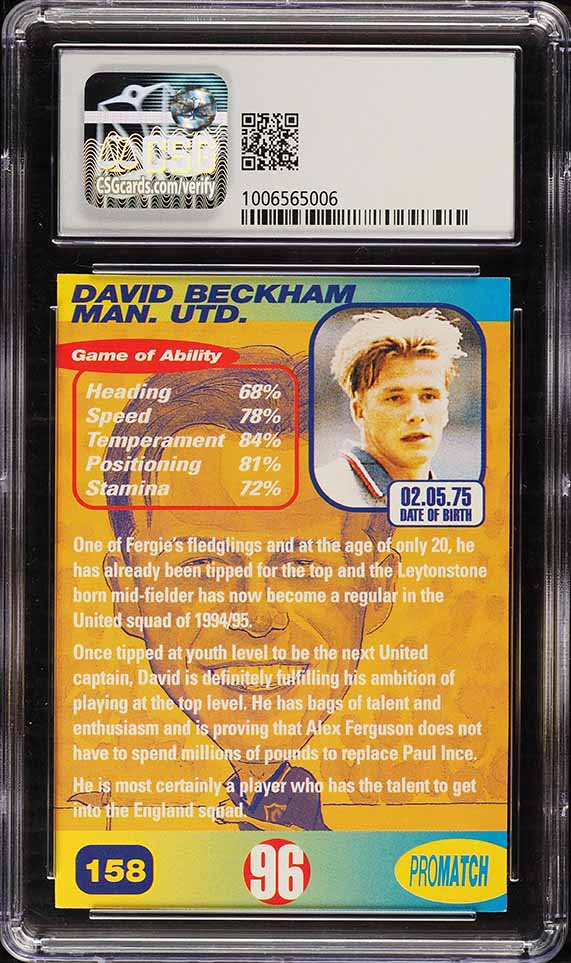1996 ProMatch English Premier League David Beckham ROOKIE #158 CSG 9 MINT