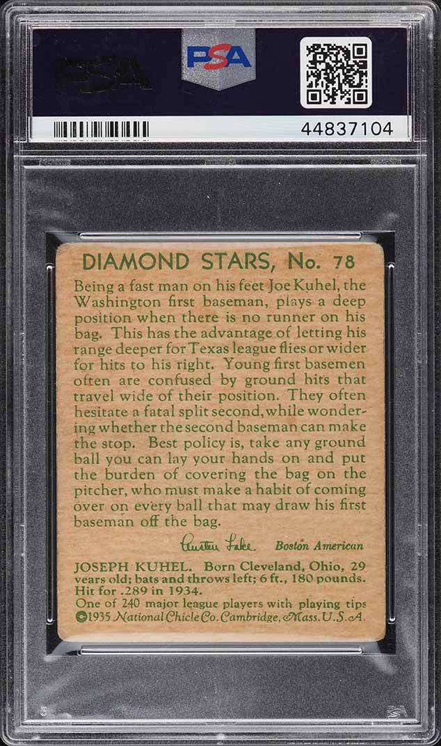 1935 Diamond Stars Joe Kuhel GREEN BACK #78 PSA 2 GD