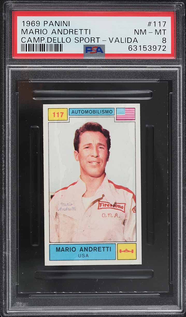 1969 Panini Campioni Dello Sport Valida Mario Andretti ROOKIE #117 PSA 8 NMMT