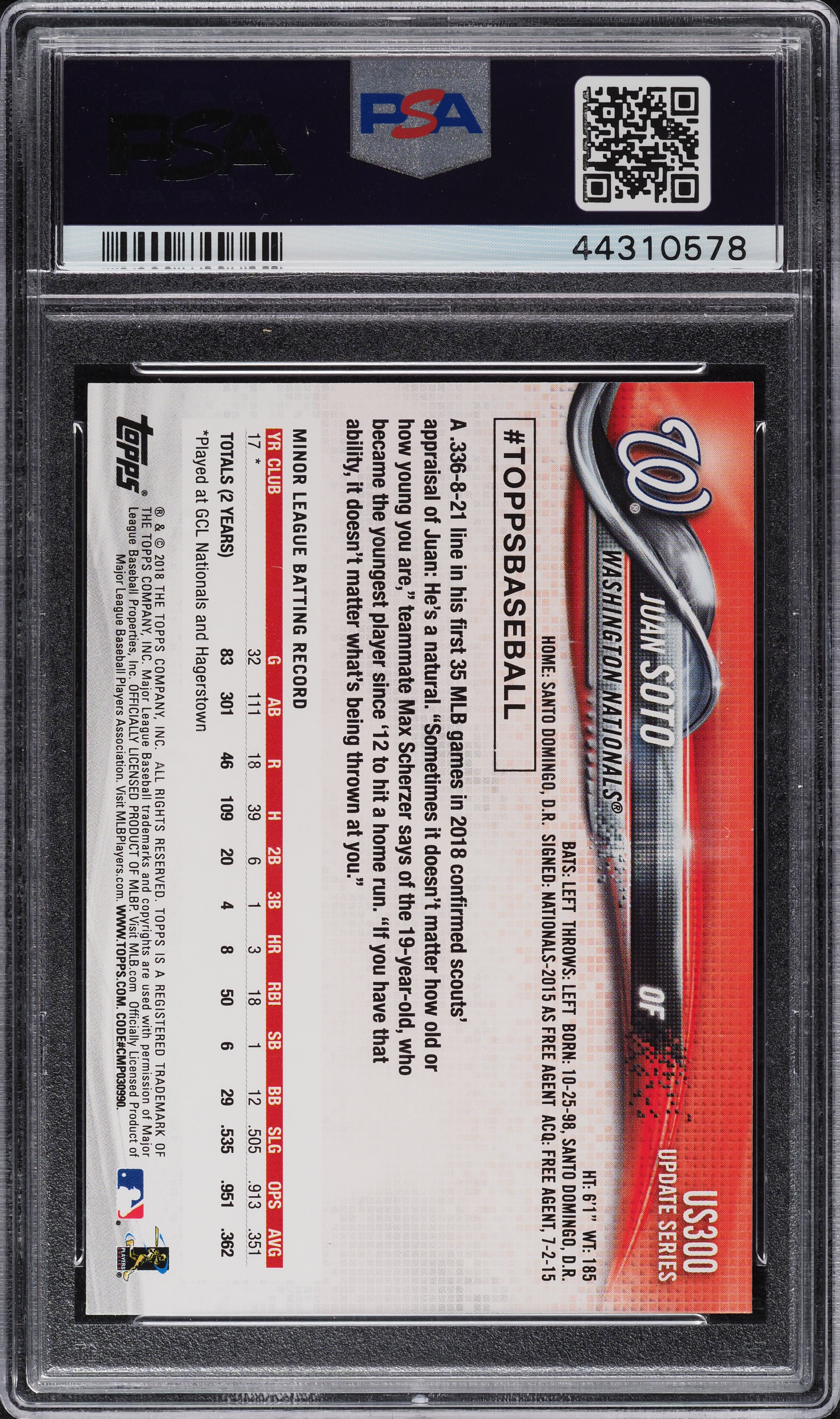 2018 Topps Update Juan Soto ROOKIE #US300 PSA 10 GEM MINT on