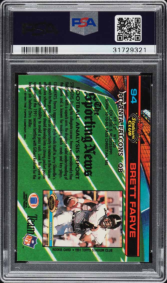 1991 Stadium Club Super Bowl XXVI Brett Favre ROOKIE #94 PSA 10 GEM MINT