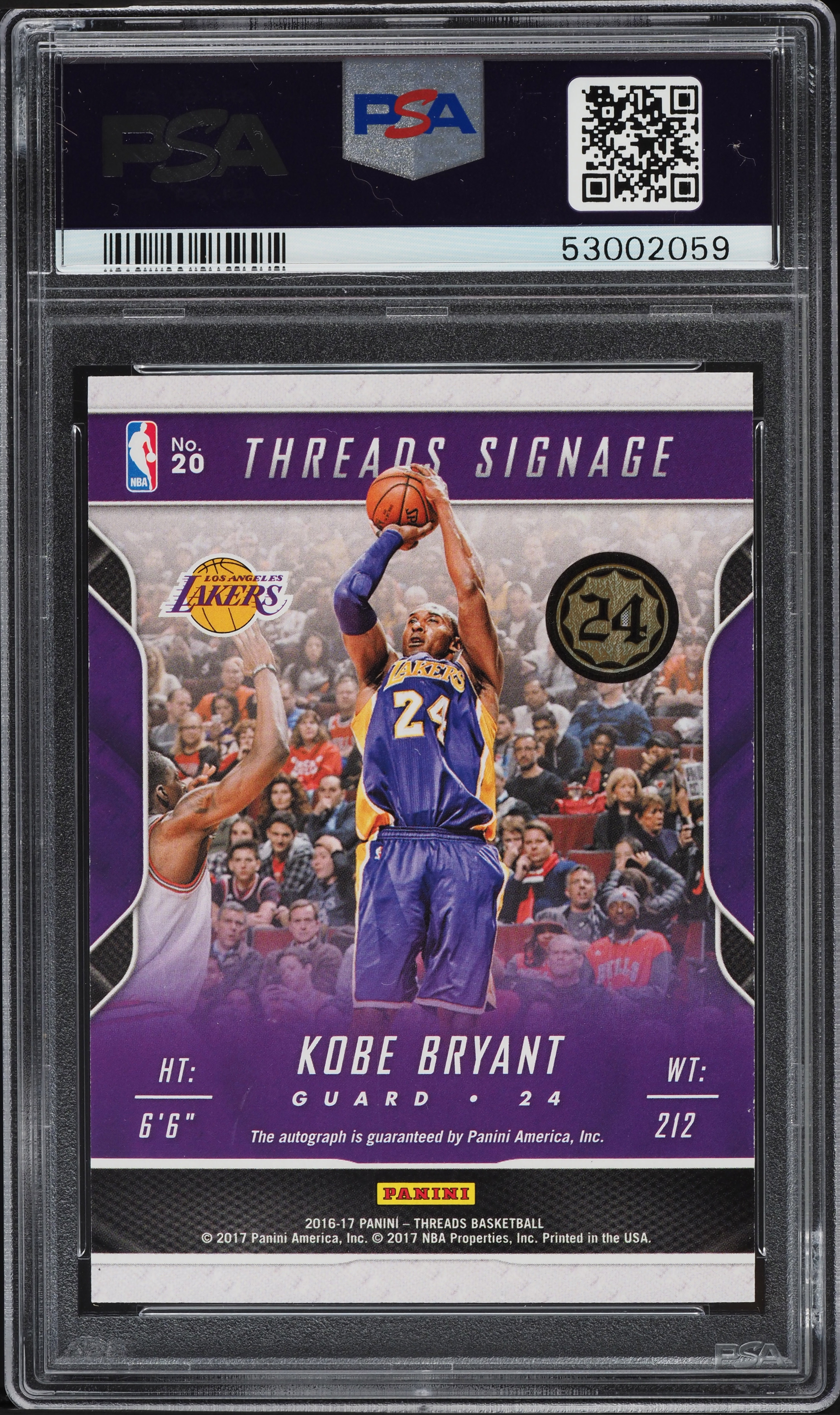 2016 Panini Threads Signage Kobe Bryant AUTO /99 #20 PSA 10 GEM 