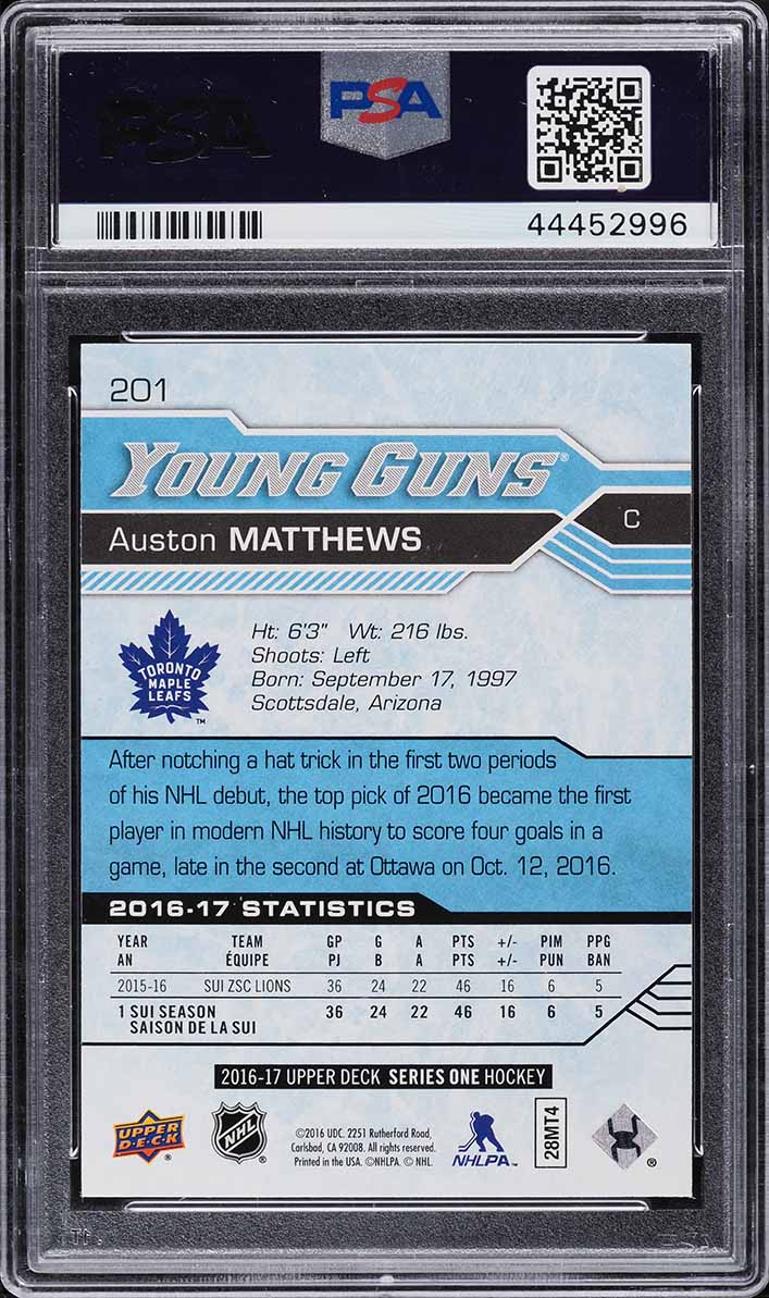 2016 Upper Deck Young Guns Auston Matthews ROOKIE #201 PSA 10 GEM MINT