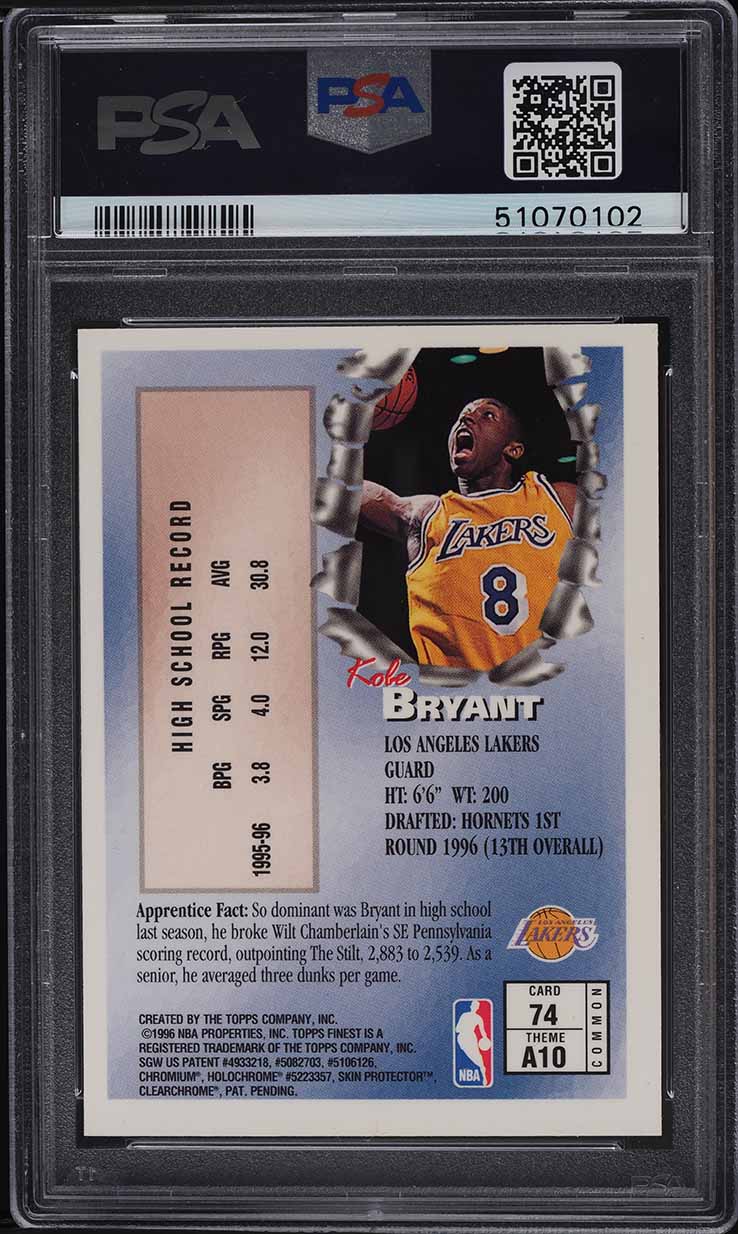 1996 Finest w/ Coating Kobe Bryant ROOKIE #74 PSA 8 NM-MT